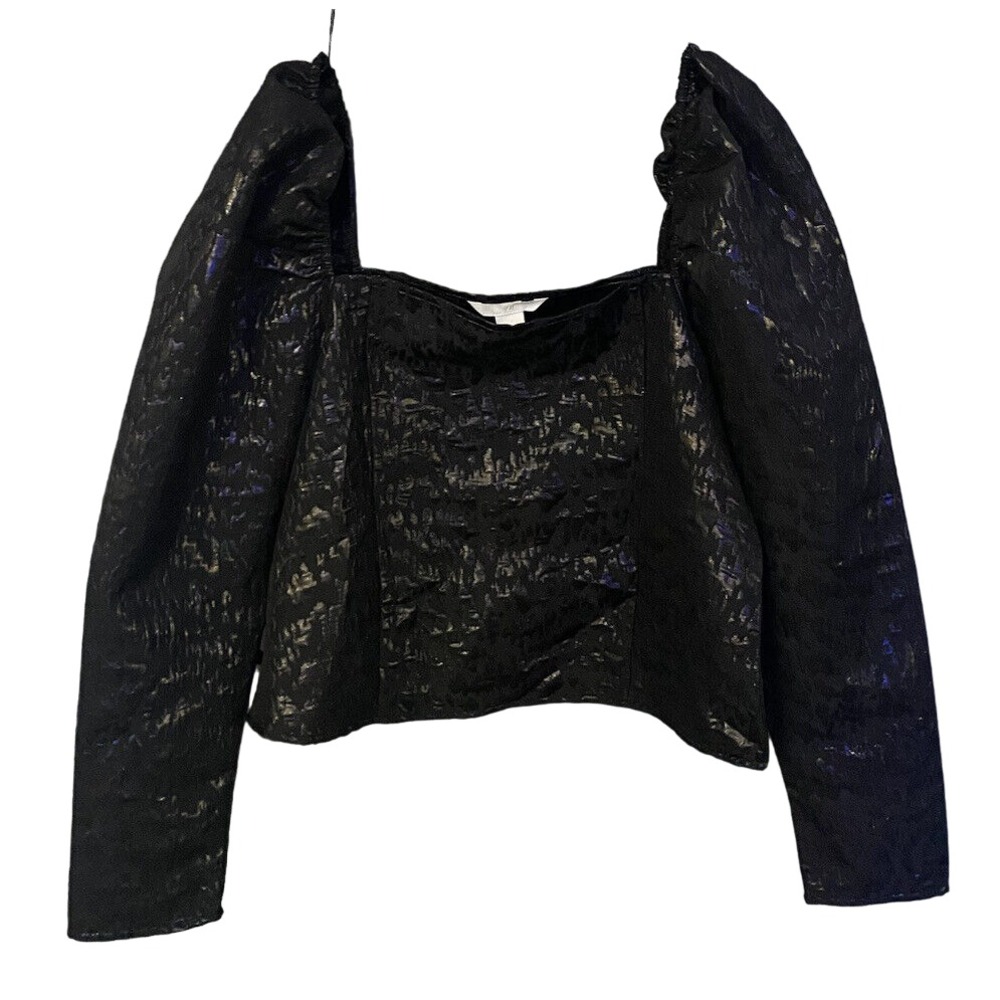 H&M Jacquard Puff Sleeve Blouse Black Square Neck Structured Top Women's L